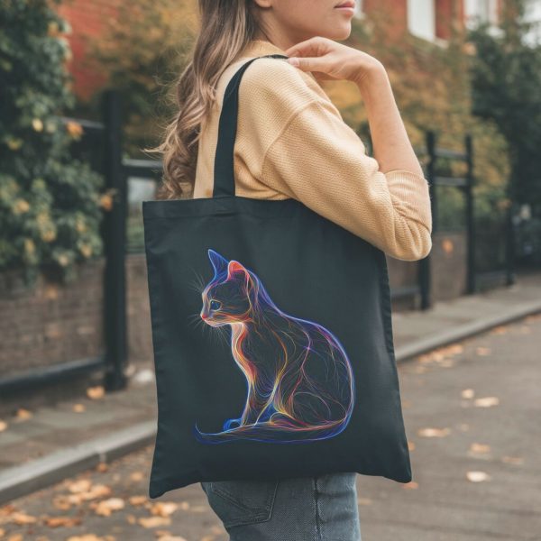 Cats & Beauty Black Tote Bag – Neon Cat Silhouette Design