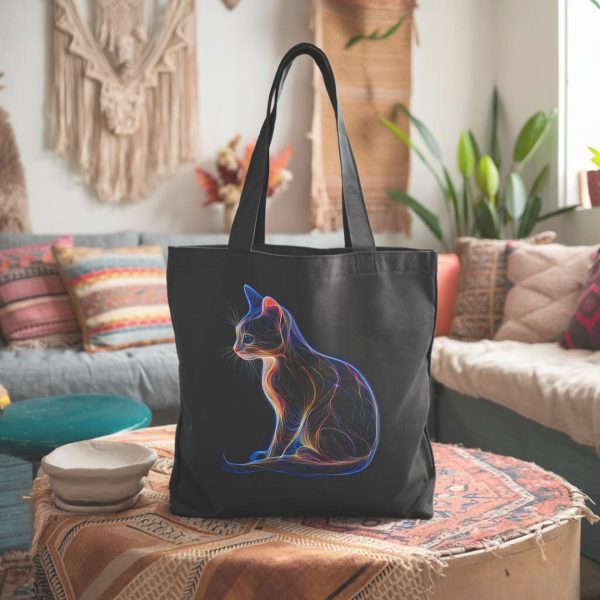 Cats & Beauty Black Tote Bag – Neon Cat Silhouette Design - Image 2