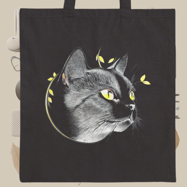 Cats & Beauty Black Tote Bag – Regal Cat with Golden Eyes - Image 2