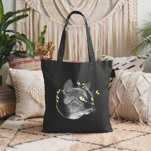 Cats & Beauty Black Tote Bag – Regal Cat with Golden Eyes - Image 7