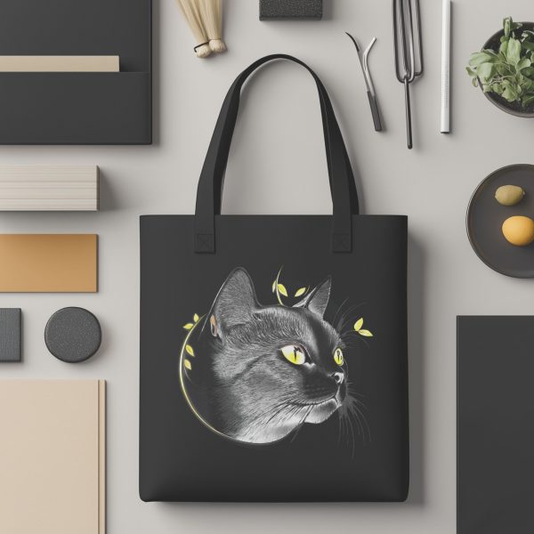 Cats & Beauty Black Tote Bag – Regal Cat with Golden Eyes - Image 6