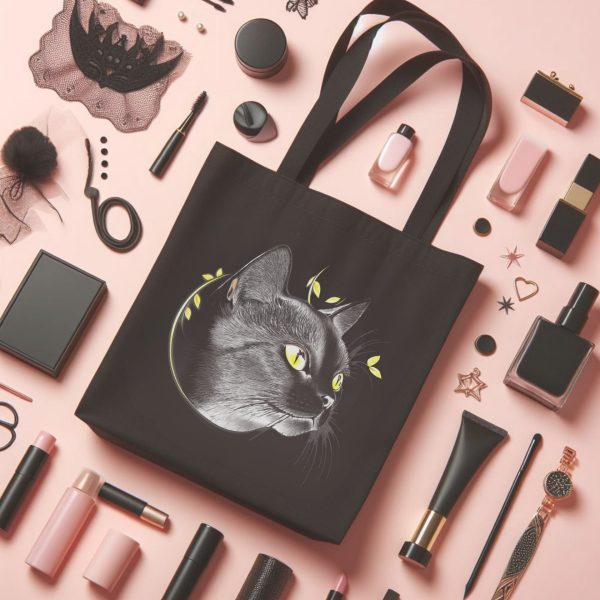 Cats & Beauty Black Tote Bag – Regal Cat with Golden Eyes - Image 5