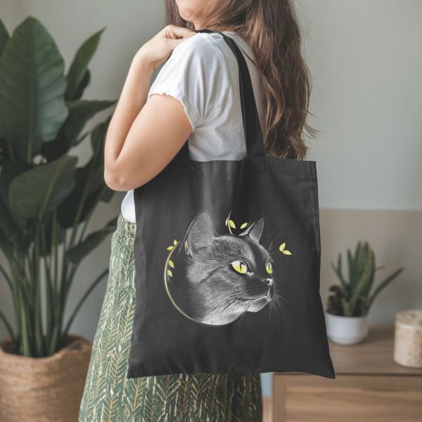 Cats & Beauty Black Tote Bag – Regal Cat with Golden Eyes