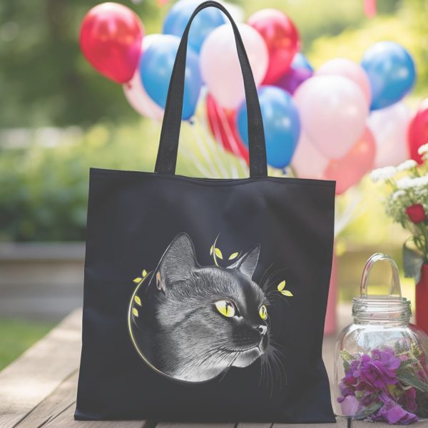 Cats & Beauty Black Tote Bag – Regal Cat with Golden Eyes - Image 3