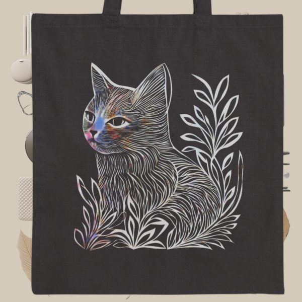 Cats & Beauty Black Tote Bag – Cat in Floral Serenity - Image 9