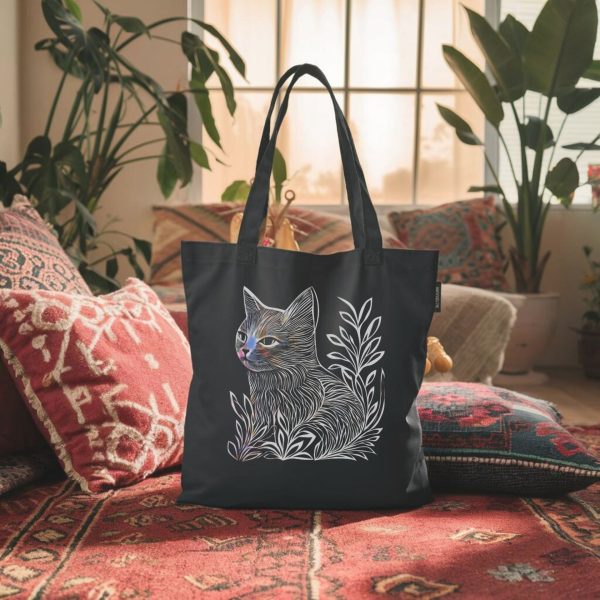 Cats & Beauty Black Tote Bag – Cat in Floral Serenity - Image 6