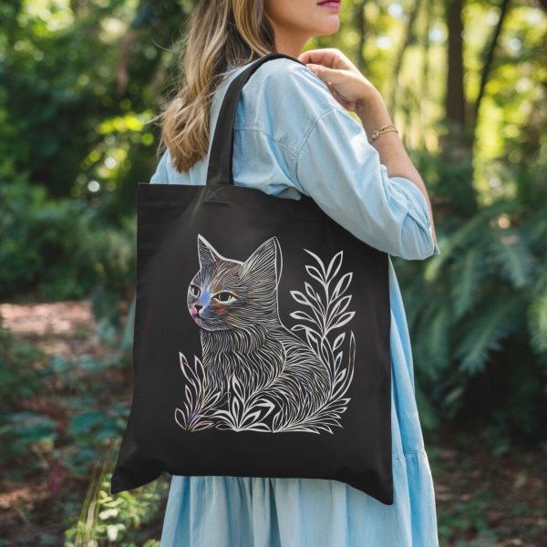 Cats & Beauty Black Tote Bag – Cat in Floral Serenity - Image 4