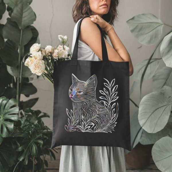 Cats & Beauty Black Tote Bag – Cat in Floral Serenity - Image 2