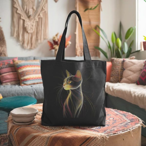 Cats & Beauty Black Tote Bag – Elegant Cat in Golden Glow - Image 6