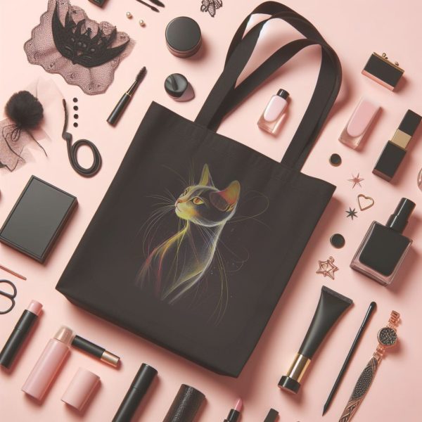 Cats & Beauty Black Tote Bag – Elegant Cat in Golden Glow