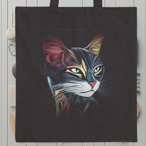 Cats & Beauty Black Tote Bag – Enigmatic Cat in Vibrant Colors - Image 9