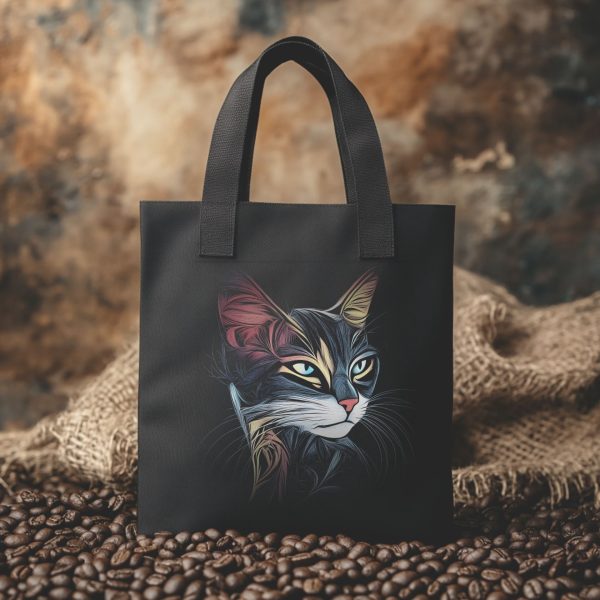 Cats & Beauty Black Tote Bag – Enigmatic Cat in Vibrant Colors - Image 5