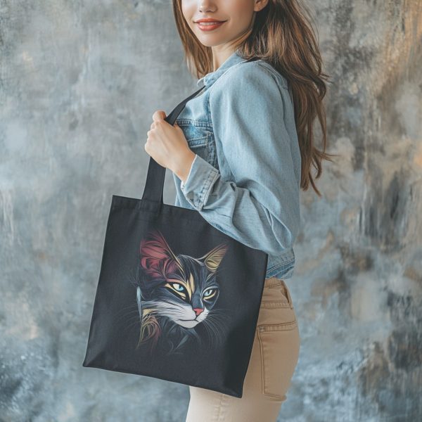 Cats & Beauty Black Tote Bag – Enigmatic Cat in Vibrant Colors