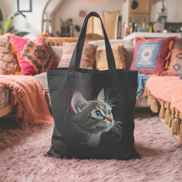 Cats & Beauty Black Tote Bag – Realistic Blue-Eyed Cat Portrait - Image 4