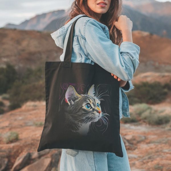 Cats & Beauty Black Tote Bag – Realistic Blue-Eyed Cat Portrait