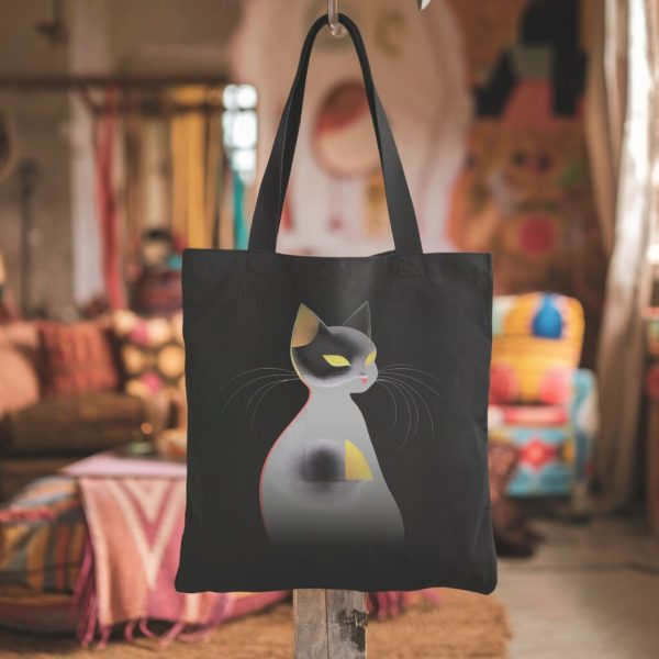 Cats & Beauty Black Tote Bag – Modern Art Cat Design - Image 6