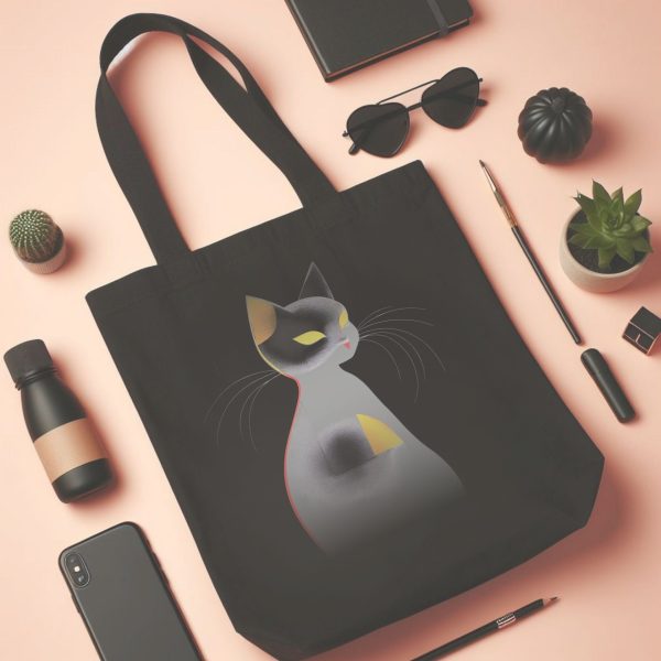 Cats & Beauty Black Tote Bag – Modern Art Cat Design - Image 4