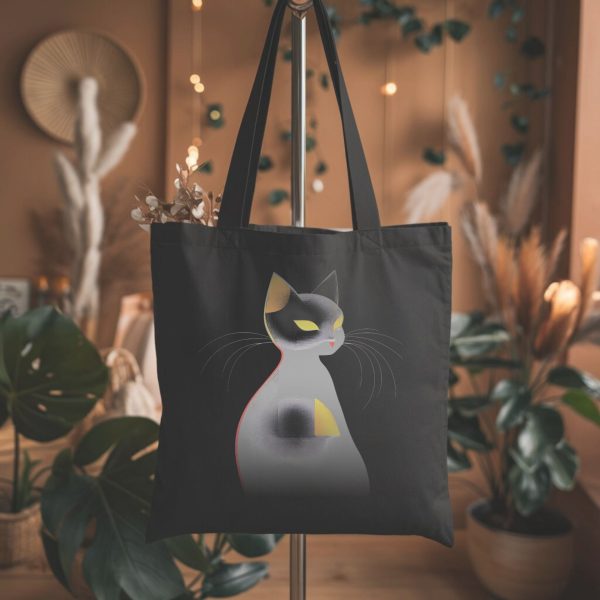 Cats & Beauty Black Tote Bag – Modern Art Cat Design - Image 2